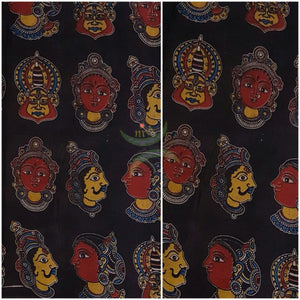 Black handwoven cotton kalamkari material with Kathakali face motifs.
