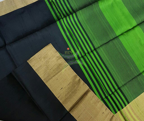 Black with Green Handloom Raw silk saree with woven tissue border.