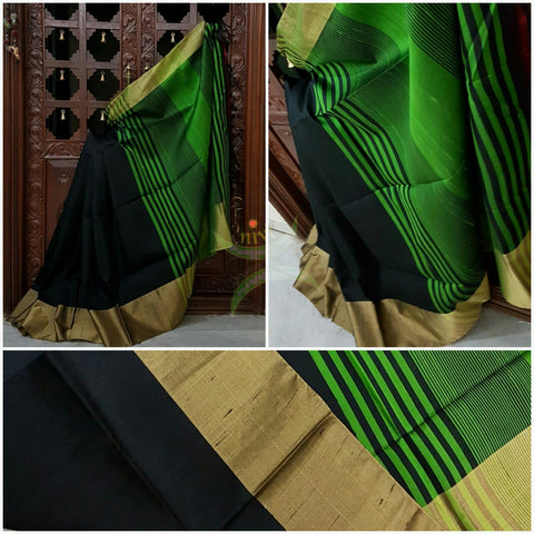 Black with Green Handloom Raw silk saree with woven tissue border.