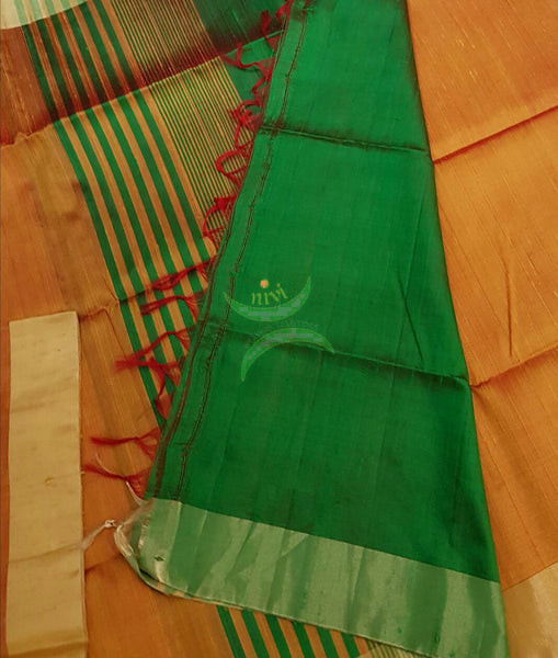Mustard with Green Handloom Raw silk saree with woven tissue border.