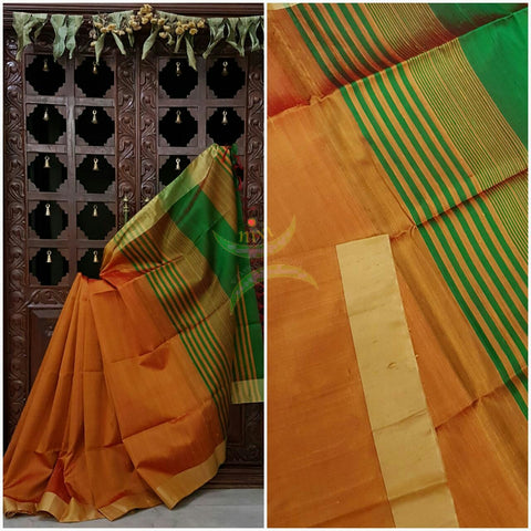 Mustard with Green Handloom Raw silk saree with woven tissue border.