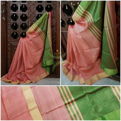 Onion peel with Green Handloom Raw silk saree with woven tissue border and Brocade pallu.