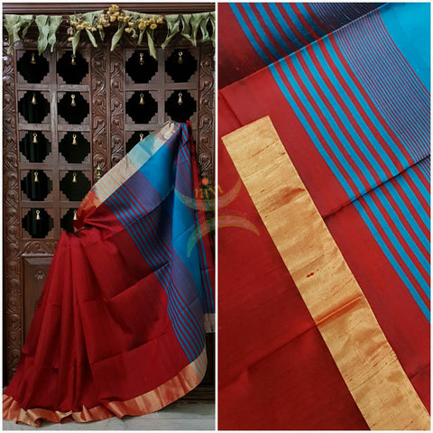 Red with teal Handloom Raw silk saree with woven tissue border.