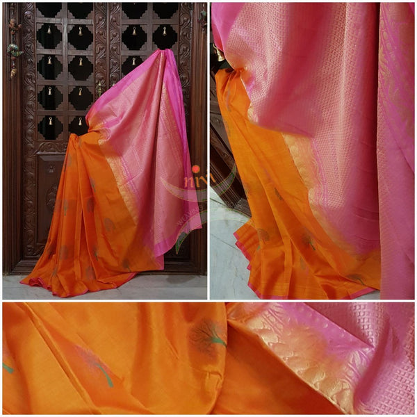 Orange Handloom pure silk linen with tree motif on body and brocade woven pink pallu and plain pink blouse.