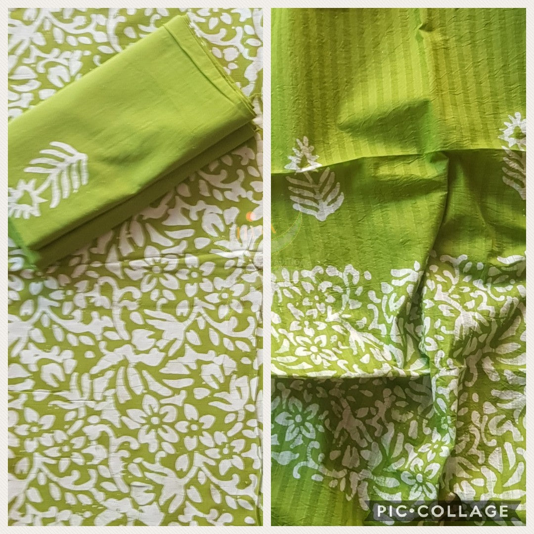 Green Pure cotton Batik printed three piece suit material