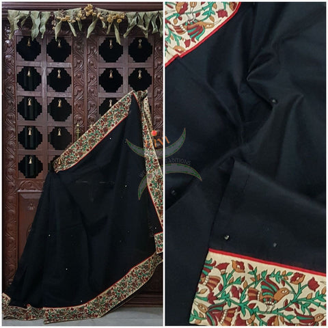 Black supernet saree with kalamkari floral motif applique on border, mirror work all over body and kalamkari blouse.