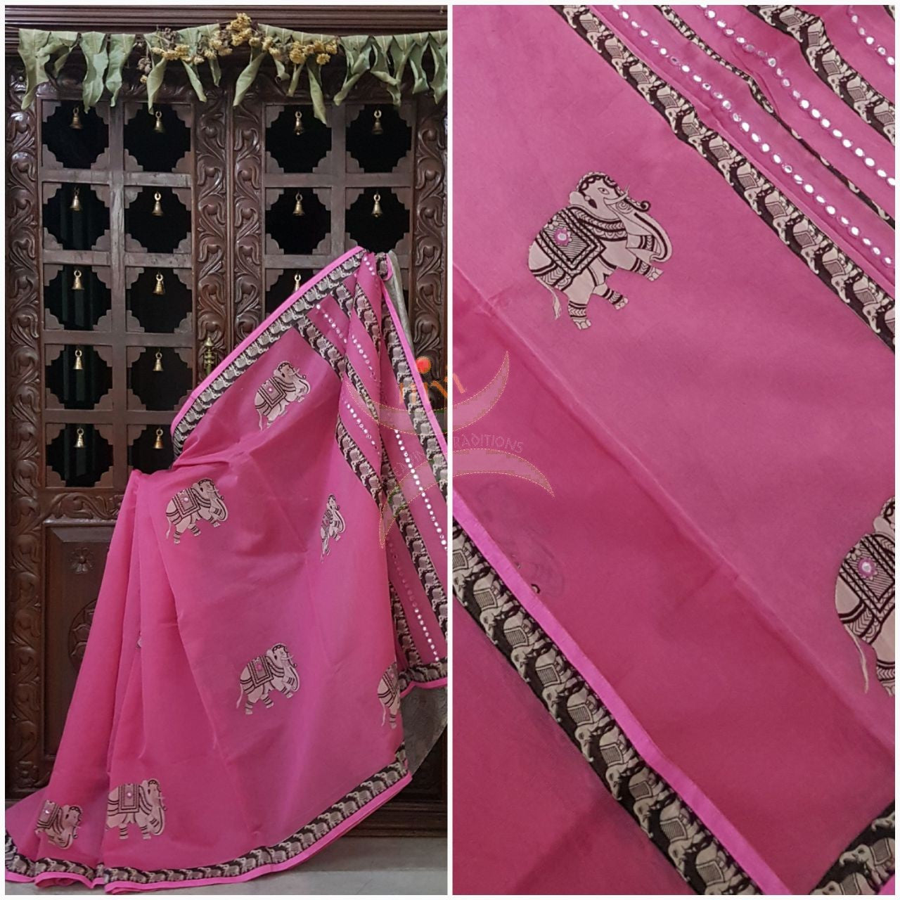 Pink supernet saree with kalamkari elephant motif applique on body, border with mirror work on pallu and kalamkari blouse.