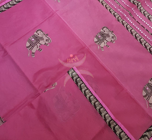 Pink supernet saree with kalamkari elephant motif applique on body, border with mirror work on pallu and kalamkari blouse.
