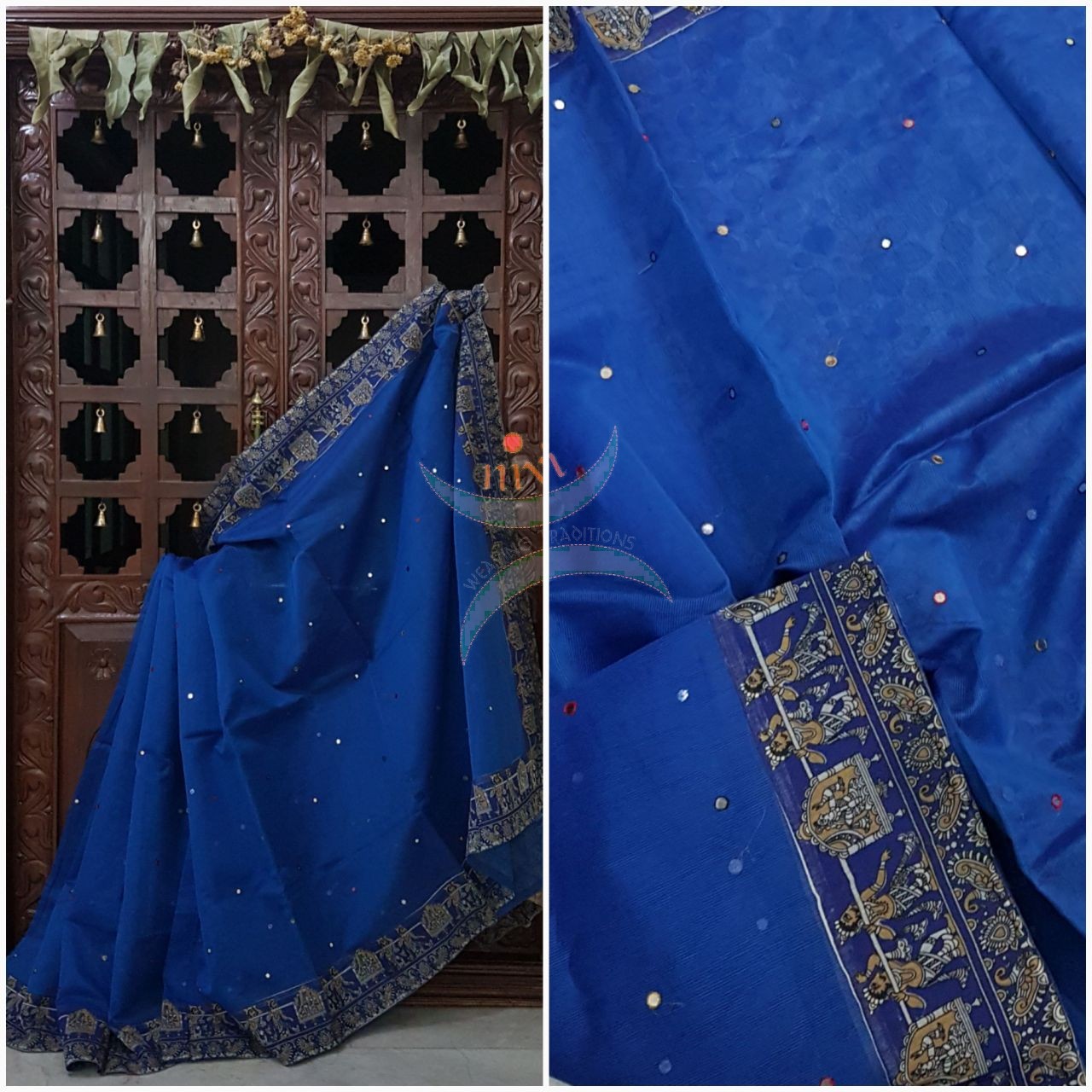 Royal blue supernet saree with mirror work allover body, kalamkari motif showing wedding scene applique on border and kalamkari blouse.