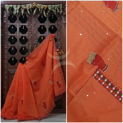 Orange supernet saree with hand mudra kalamkari motif applique on body and kalamkari border to match blouse.