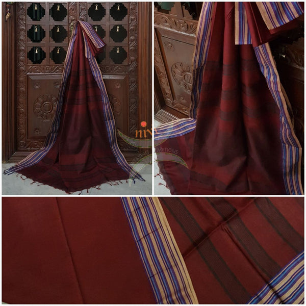 Maroon bagalpuri tussar with contrasting striped border.