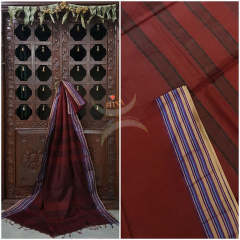 Maroon bagalpuri tussar with contrasting striped border.
