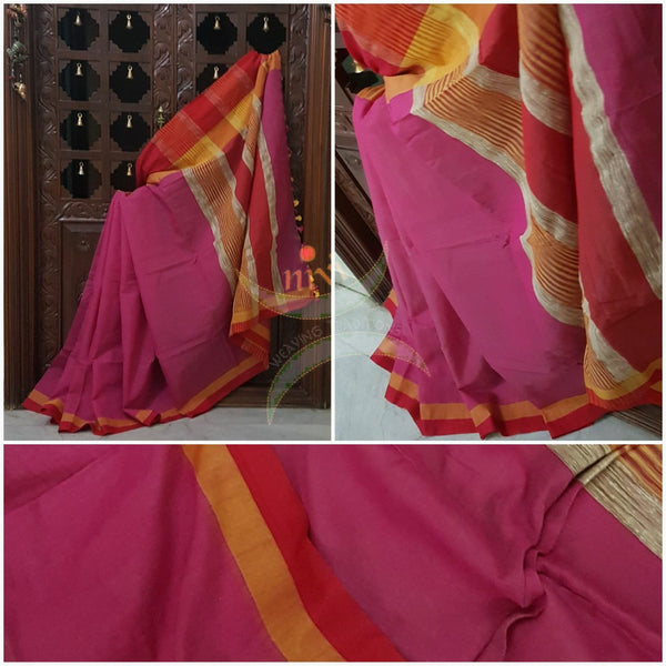 Pink handloom cotton with contrasting red orange border and Geecha pallu