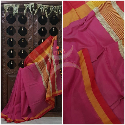 Pink handloom cotton with contrasting red orange border and Geecha pallu
