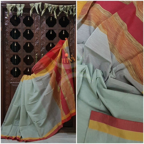 Grey handloom cotton with contrasting red orange border and Geecha pallu