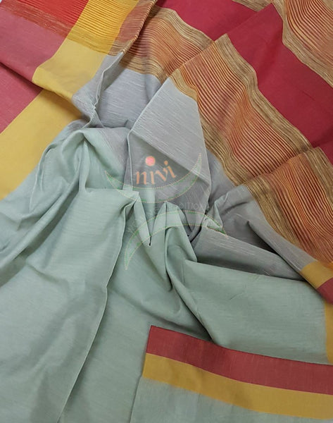 Grey handloom cotton with contrasting red orange border and Geecha pallu