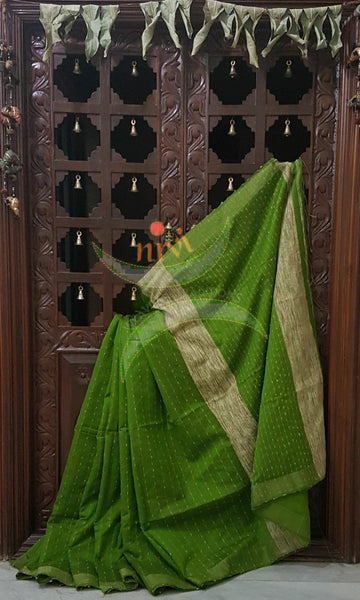 Green Bengal Handloom cotton with woven stripes with Geecha pallu.  