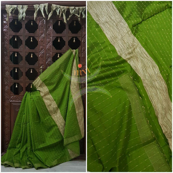 Green Bengal Handloom cotton with woven stripes with Geecha pallu.  