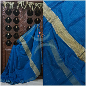 Blue Bengal Handloom cotton with woven stripes and Geecha pallu.  