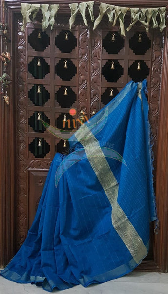 Blue Bengal Handloom cotton with woven stripes and Geecha pallu.  