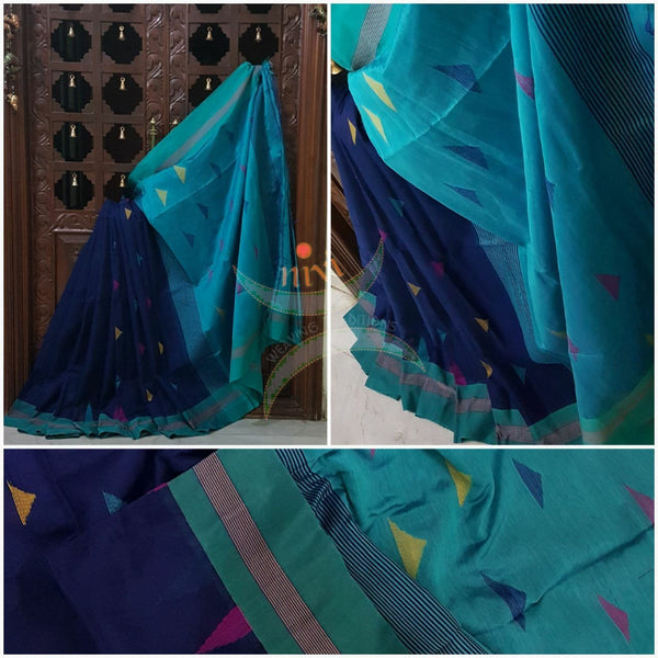 Navy blue Bengal Handloom cotton with woven border and contrasting blue pallu. 