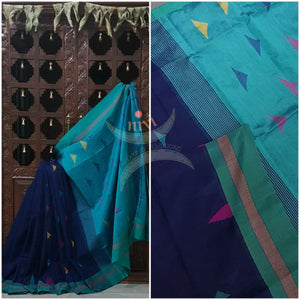Navy blue Bengal Handloom cotton with woven border and contrasting blue pallu. 