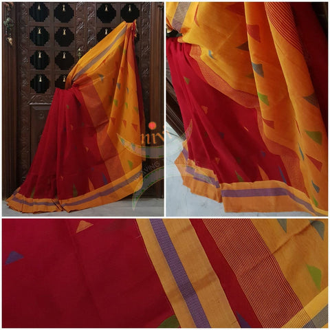 Red Bengal Handloom cotton with woven border and contrasting mustard pallu. 