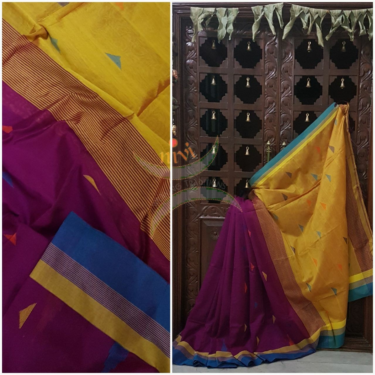 Purple Bengal Handloom cotton with woven border and contrasting mustard pallu. 