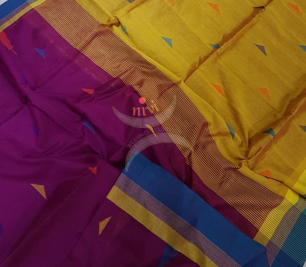 Purple Bengal Handloom cotton with woven border and contrasting mustard pallu. 