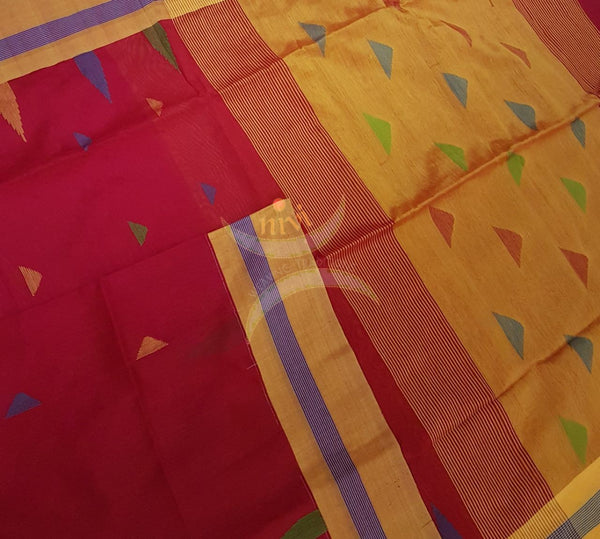 Red Bengal Handloom cotton with woven border and contrasting mustard pallu. 