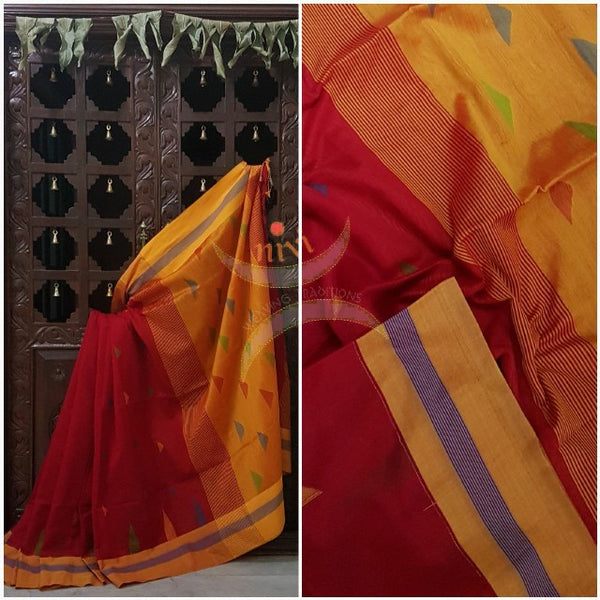 Red Bengal Handloom cotton with woven border and contrasting mustard pallu. 