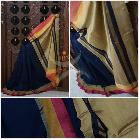 Navy blue Bengal Handloom merserised soft cotton blend saree with contrast orange yellow border and gold pallu.