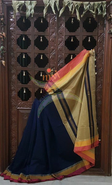 Navy blue Bengal Handloom merserised soft cotton blend saree with contrast orange yellow border and gold pallu.