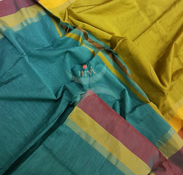 Sea green Bengal Handloom merserised soft cotton blend saree with contrast orange yellow border and mustard pallu. 