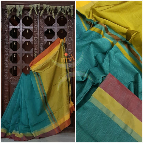 Sea green Bengal Handloom merserised soft cotton blend saree with contrast orange yellow border and mustard pallu. 