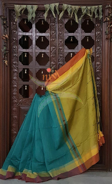 Sea green Bengal Handloom merserised soft cotton blend saree with contrast orange yellow border and mustard pallu. 