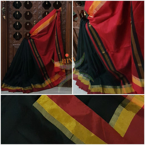 Black Bengal Handloom merserised cotton blend saree with contrast red yellow border and maroon pallu.