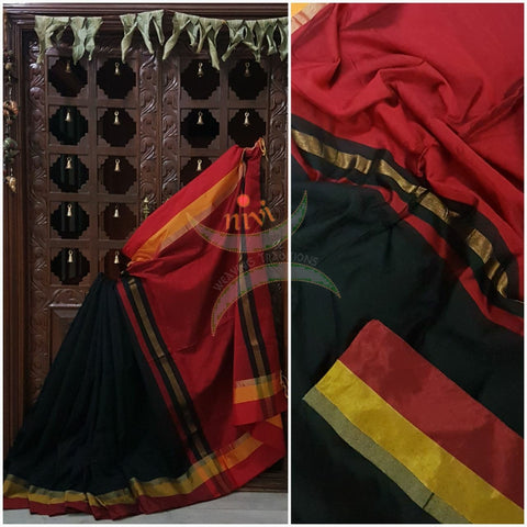 Black Bengal Handloom merserised cotton blend saree with contrast red yellow border and maroon pallu.