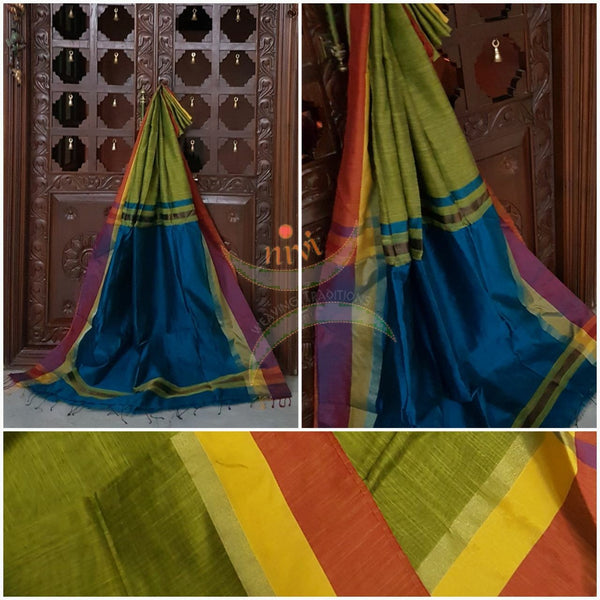 Green Bengal Handloom merserised cotton blend saree with contrast orange yellow border and blue pallu. 