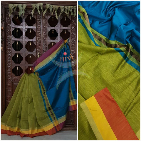 Green Bengal Handloom merserised cotton blend saree with contrast orange yellow border and blue pallu. 
