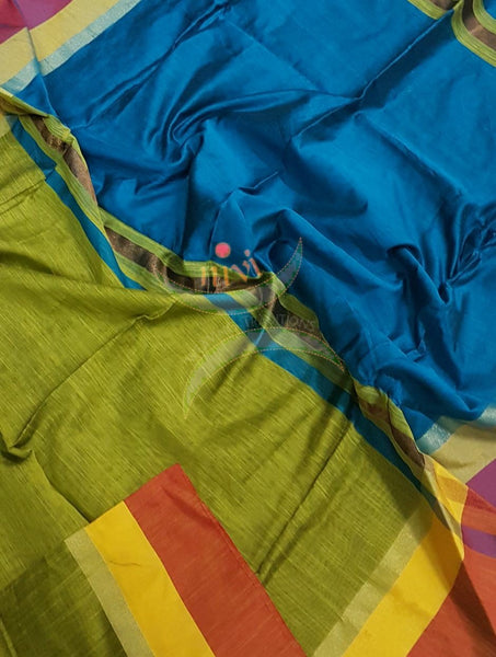 Green Bengal Handloom merserised cotton blend saree with contrast orange yellow border and blue pallu. 