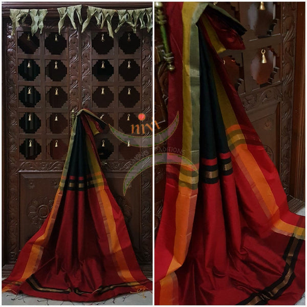 Black Bengal Handloom merserised cotton blend saree with contrast red yellow border and maroon pallu.