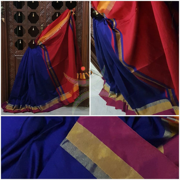 Royal blue Bengal Handloom merserised cotton blend saree with contrast multi color border and red pallu. 