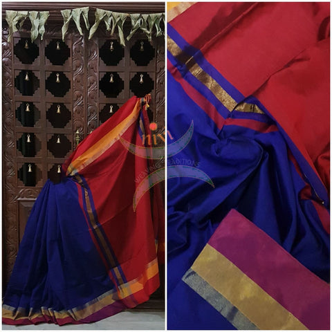 Royal blue Bengal Handloom merserised cotton blend saree with contrast multi color border and red pallu. 
