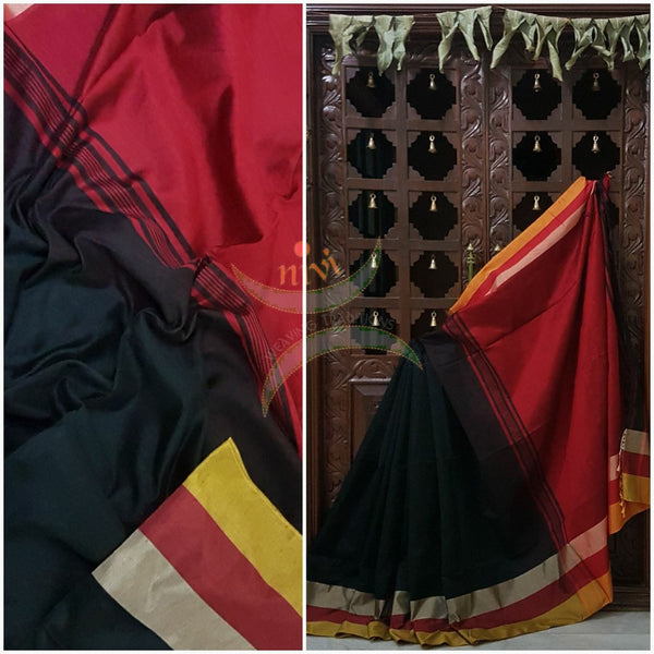 Black Bengal Handloom merserised cotton blend saree with contrast multi color border and red pallu. 