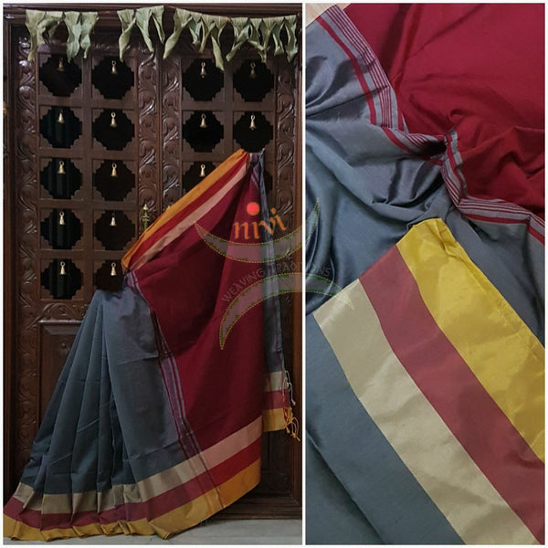 Grey Bengal Handloom merserised cotton blend saree with contrast multi color border and maroon pallu. 