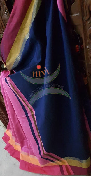 Pink Bengal Handloom merserised cotton blend saree with contrast multi color border and navy blue pallu. 