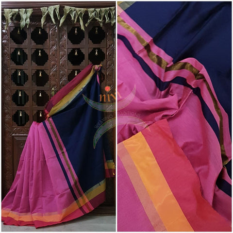 Pink Bengal Handloom merserised cotton blend saree with contrast multi color border and navy blue pallu. 