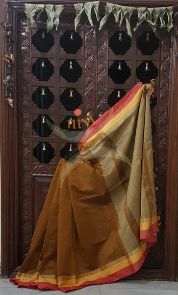 Brown Bengal Handloom merserised cotton blend saree with contrast multi color border and beige pallu. 