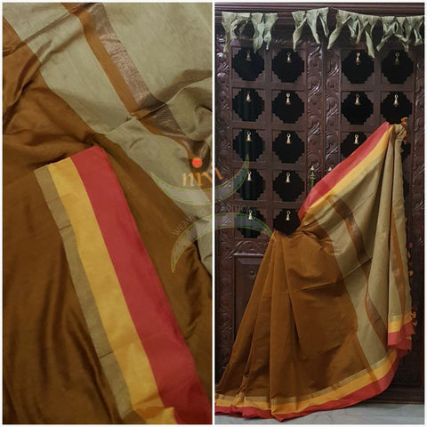Brown Bengal Handloom merserised cotton blend saree with contrast multi color border and beige pallu. 